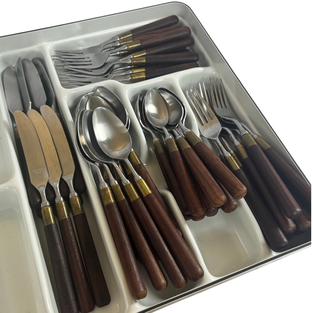 Taylor & Ng Vintage Mid Century Modern Rosewood Brass Stainless Flatware Japan